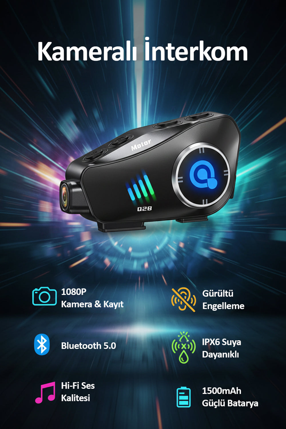 Q28 Kameralı Bluetooth Kask Interkom | 1080P | Su Geçirmez | LCD Ekran