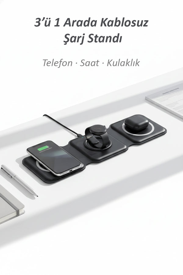 Katlanabilir Manyetik 3’ü 1 Arada Kablosuz Şarj Standı