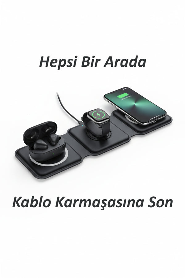 Katlanabilir Manyetik 3’ü 1 Arada Kablosuz Şarj Standı