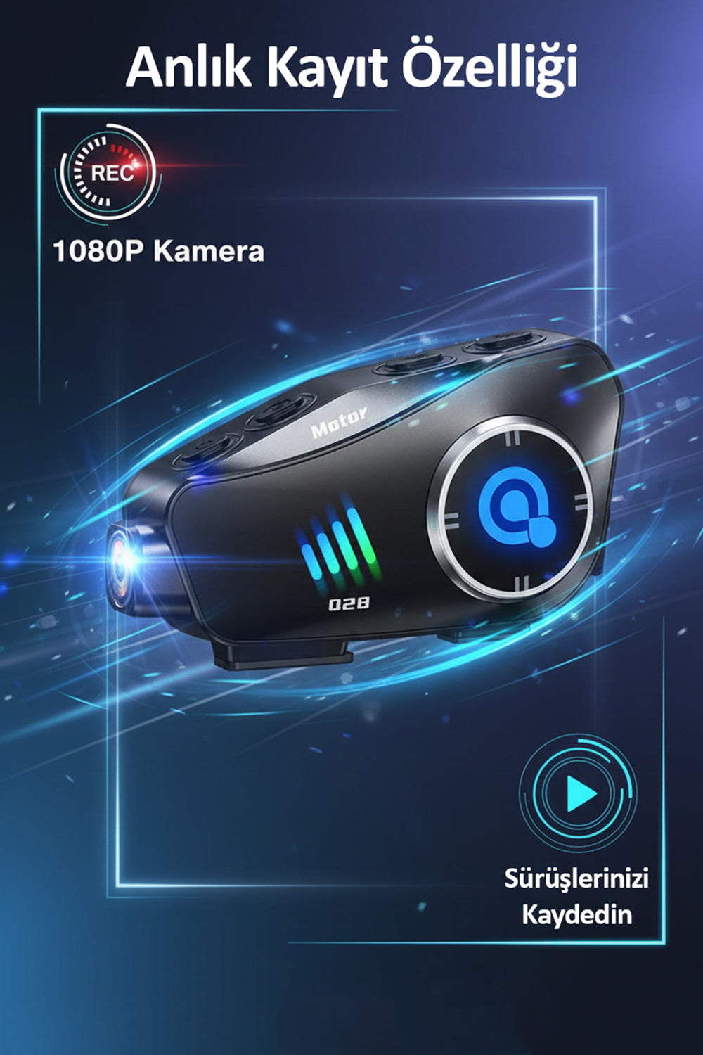 Q28 Kameralı Bluetooth Kask Interkom | 1080P | Su Geçirmez | LCD Ekran