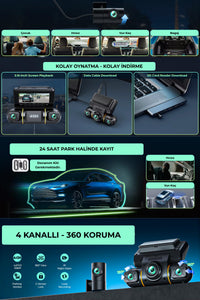 X19 4 Kanal 360° Araç Kamerası 1080P Gece Görüşlü G-Sensor Park Modlu Dash Cam