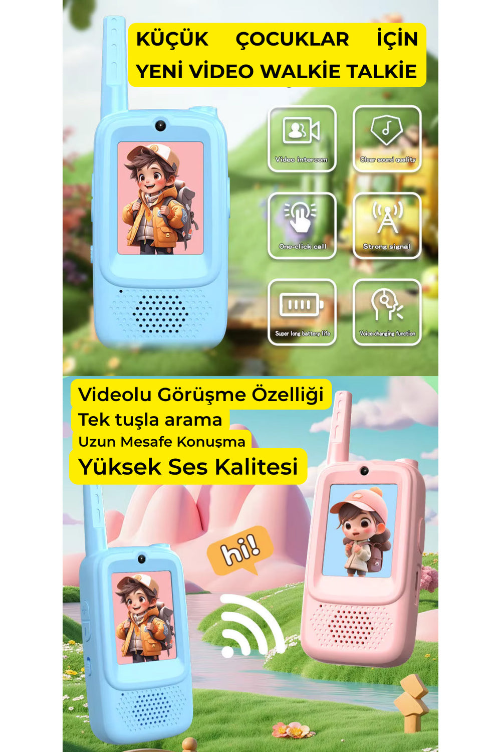 2 İnç Ekranlı Çocuk Telsizi Walkie Talkie 500m Menzil Type-C Şarjlı Oyuncak Telsiz