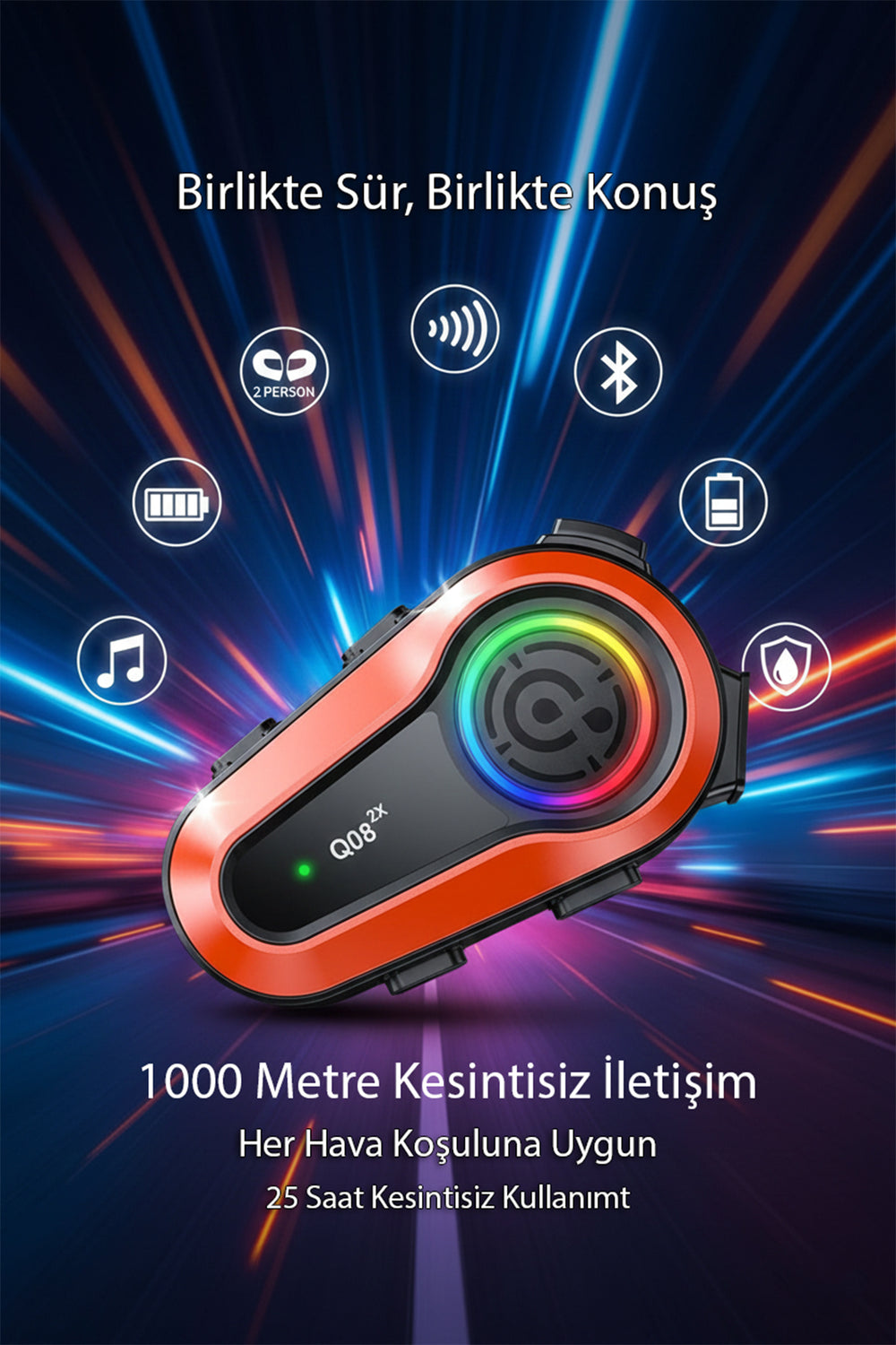 Q08 2X Motosiklet Kask İnterkom Kulaklık | 2 Kişi Eşleşme | 1000m Mesafe | Su Geçirmez