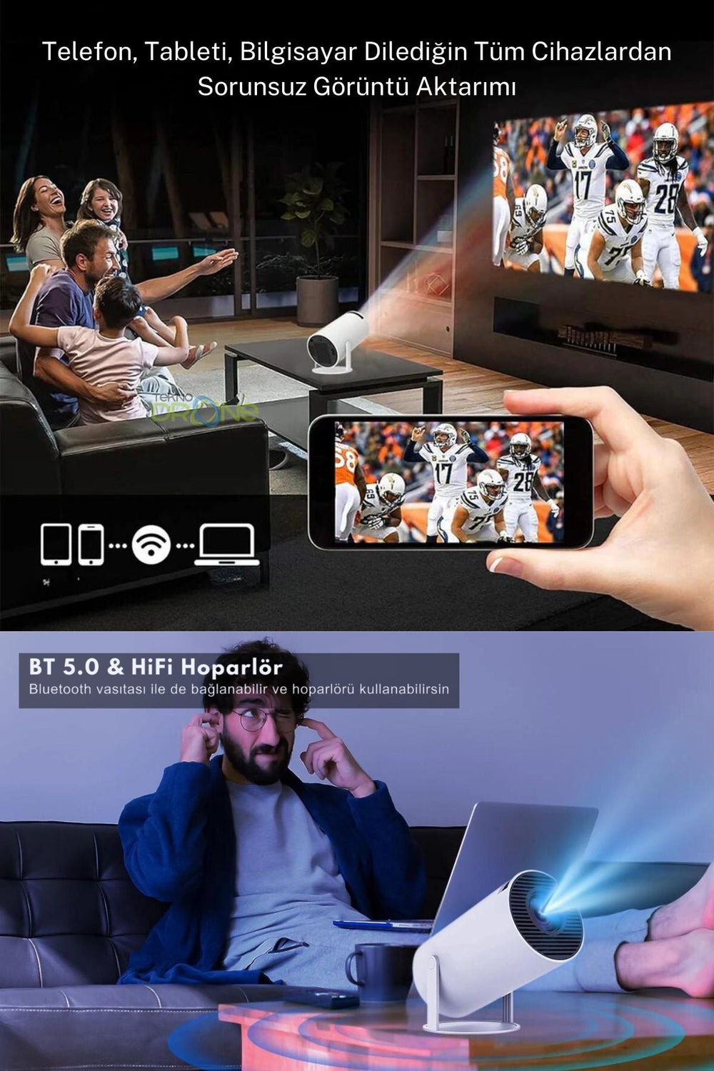 HY300 Akıllı Mini Projeksiyon | Android 11 | WiFi & Bluetooth | 180° Döner Lens