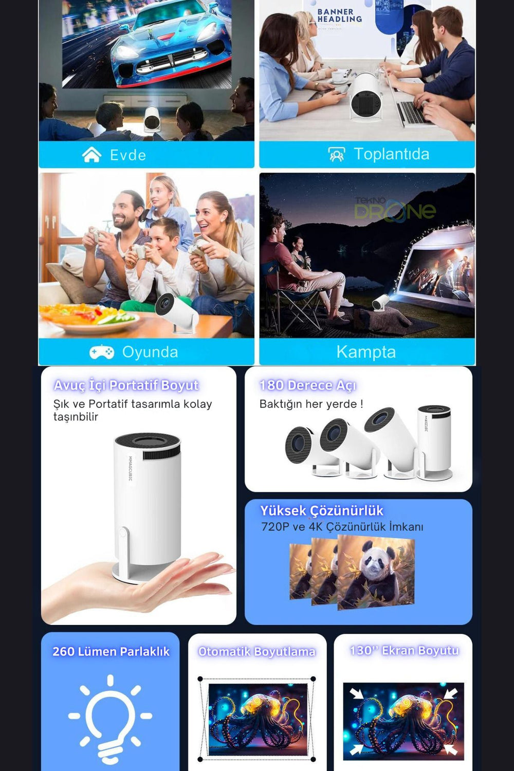HY300 Akıllı Mini Projeksiyon | Android 11 | WiFi & Bluetooth | 180° Döner Lens